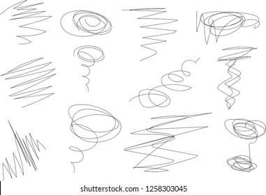 Vector light set of hand drawn scribble line shapes. Scribble brush strokes set. Logo design elements. Chaos doodle pattern. Vector illustration Isolated on white background