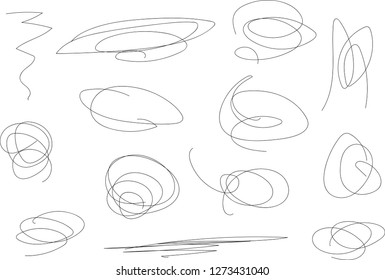 Vector light set of hand drawn scribble line shapes. Scribble brush strokes set. Logo design elements. Chaos doodle pattern. Vector illustration Isolated on white background