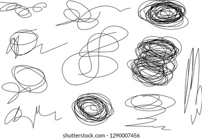 Vector light set of hand drawn scribble line shapes. Scribble brush strokes set. Logo design elements. Chaos doodle pattern. Vector illustration Isolated on white background