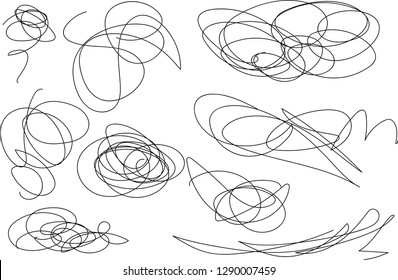 Vector light set of hand drawn scribble line shapes. Scribble brush strokes set. Logo design elements. Chaos doodle pattern. Vector illustration Isolated on white background