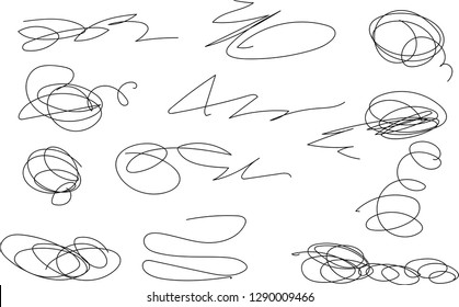 Vector light set of hand drawn scribble line shapes. Scribble brush strokes set. Logo design elements. Chaos doodle pattern. Vector illustration Isolated on white background