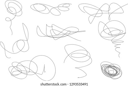 Vector light set of hand drawn scribble line shapes. Scribble brush strokes set. Logo design elements. Chaos doodle pattern. Vector illustration Isolated on white background