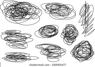 Vector light set of hand drawn scribble line shapes. Scribble brush strokes set. Logo design elements. Chaos doodle pattern. Vector illustration Isolated on white background