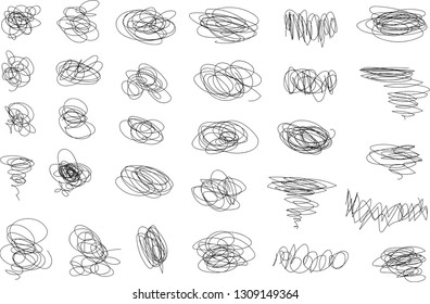 Vector light set of hand drawn scribble line shapes. Scribble brush strokes set. Logo design elements. Chaos doodle pattern. Vector illustration Isolated on white background