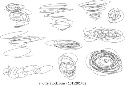 Vector light set of hand drawn scribble line shapes. Scribble brush strokes set. Logo design elements. Chaos doodle pattern. Vector illustration Isolated on white background