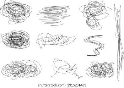 Vector light set of hand drawn scribble line shapes. Scribble brush strokes set. Logo design elements. Chaos doodle pattern. Vector illustration Isolated on white background