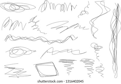 Vector light set of hand drawn scribble line shapes. Scribble brush strokes set. Logo design elements. Chaos doodle pattern. Vector illustration Isolated on white background