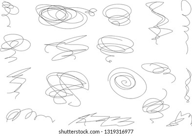 Vector light set of hand drawn scribble line shapes. Scribble brush strokes set. Logo design elements. Chaos doodle pattern. Vector illustration Isolated on white background