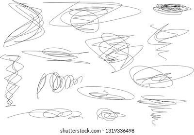 Vector light set of hand drawn scribble line shapes. Scribble brush strokes set. Logo design elements. Chaos doodle pattern. Vector illustration Isolated on white background