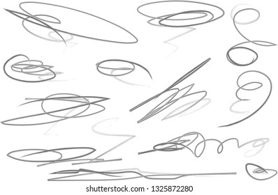 Vector light set of hand drawn scribble line shapes. Scribble brush strokes set. Logo design elements. Chaos doodle pattern. Vector illustration Isolated on white background