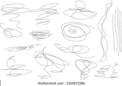 Vector light set of hand drawn scribble line shapes. Scribble brush strokes set. Logo design elements. Chaos doodle pattern. Vector illustration Isolated on white background