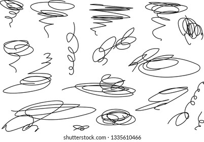 Vector light set of hand drawn scribble line shapes. Scribble brush strokes set. Logo design elements. Chaos doodle pattern. Vector illustration Isolated on white background