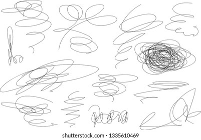 Vector light set of hand drawn scribble line shapes. Scribble brush strokes set. Logo design elements. Chaos doodle pattern. Vector illustration Isolated on white background