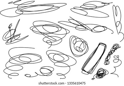 Vector light set of hand drawn scribble line shapes. Scribble brush strokes set. Logo design elements. Chaos doodle pattern. Vector illustration Isolated on white background