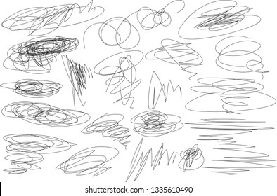 Vector light set of hand drawn scribble line shapes. Scribble brush strokes set. Logo design elements. Chaos doodle pattern. Vector illustration Isolated on white background