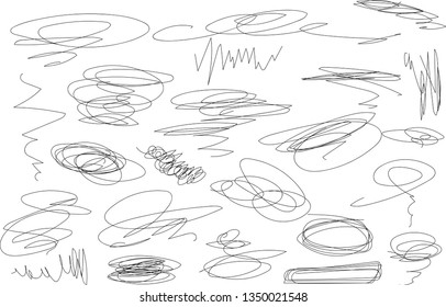 Vector light set of hand drawn scribble line shapes. Scribble brush strokes set. Logo design elements. Chaos doodle pattern. Vector illustration Isolated on white background