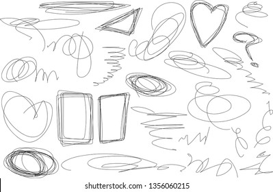 Vector light set of hand drawn scribble line shapes. Scribble brush strokes set. Logo design elements. Chaos doodle pattern. Vector illustration Isolated on white background