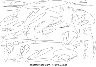 Vector light set of hand drawn scribble line shapes. Scribble brush strokes set. Logo design elements. Chaos doodle pattern. Vector illustration Isolated on white background