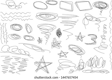 Vector light set of hand drawn scribble line shapes. Scribble brush strokes set. Logo design elements. Chaos doodle pattern. Vector illustration Isolated on white background