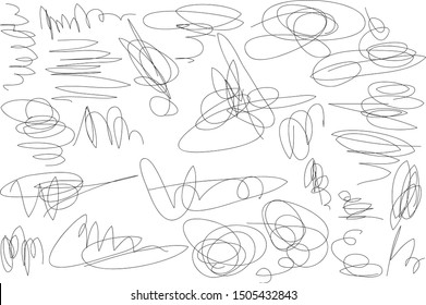 Vector light set of hand drawn scribble line shapes. Scribble brush strokes set. Logo design elements. Chaos doodle pattern. Vector illustration Isolated on white background