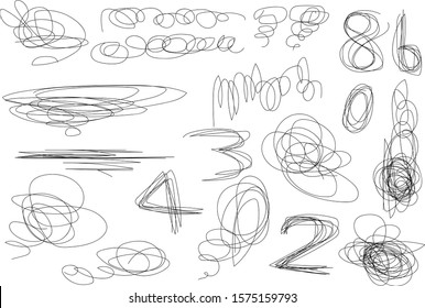Vector light set of hand drawn scribble line shapes. Scribble brush strokes set. Logo design elements. Chaos doodle pattern. Vector illustration Isolated on white background