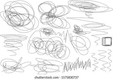 Vector light set of hand drawn scribble line shapes. Scribble brush strokes set. Logo design elements. Chaos doodle pattern. Vector illustration Isolated on white background