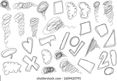 Vector light set of hand drawn scribble line shapes. Scribble brush strokes set. Logo design elements. Chaos doodle pattern. Vector illustration Isolated on white background