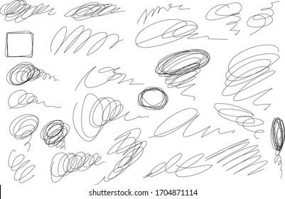 Vector light set of hand drawn scribble line shapes. Scribble brush strokes set. Logo design elements. Chaos doodle pattern. Vector illustration Isolated on white background