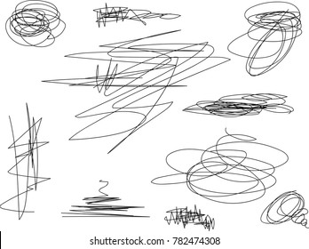 Vector light set of hand drawn scribble line shapes. Scribble brush strokes set. Logo design elements. Chaos doodle pattern. Vector illustration Isolated on white background