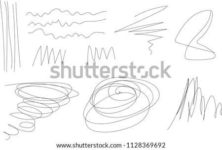 Vector light set of hand drawn scribble line shapes. Scribble brush strokes set. Logo design elements. Chaos doodle pattern. Vector illustration Isolated on white background