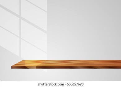 vector light and shadow, wood shelf gray background, illustration white interior abstract background
