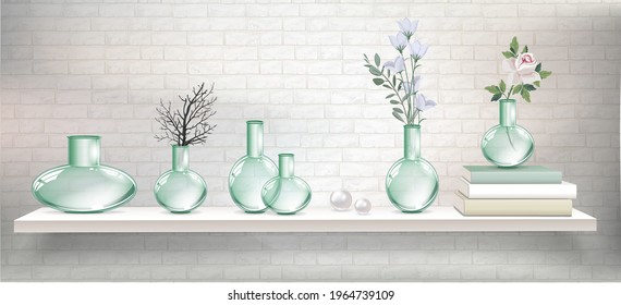 Vector light shelf with books, plants and branches in glass transparent vases and empty vases for interior design. Vector mockup for interior with shelves and light brick wall