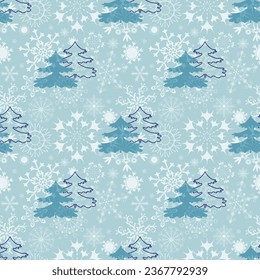 Patrón navideño ininterrumpido de luz vectorial de plata con árboles y copos de nieve
