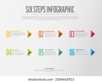 Vector light six steps progress template with big triangle pyramid arrows and numbers, descriptions. Light version with big green yellow red step numbers