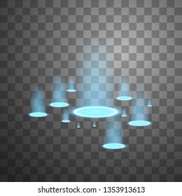 Vector light sources, backlights. Isolated on black transparent background. Vector illustration. Blue candles rays of a night scene with sparks on a transparent background. Empty light effect of the