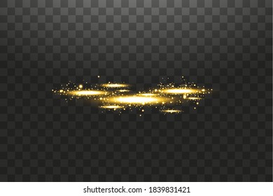 Vector light sources, backlights. Isolated on black transparent background. Vector illustration. Golden candles rays of a night scene with sparks on a transparent background. Empty light effect of the
