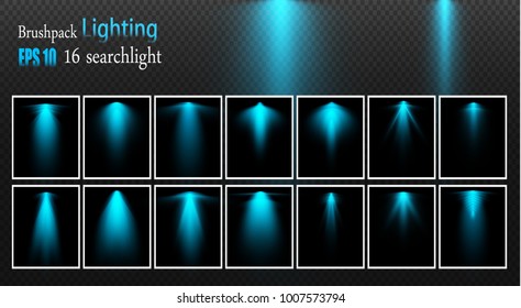 Vector light sources, concert lighting, stage spotlights set. Concert spotlight with beam, illuminated spotlights for web design illustration
