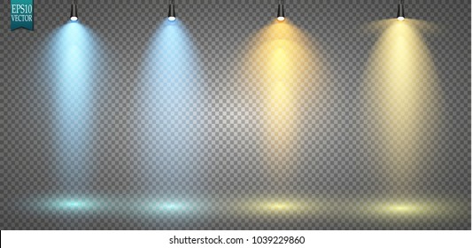 Vector light sources, concert lighting, stage spotlights set. Concert spotlight with beam, illuminated spotlights for web design illustration
