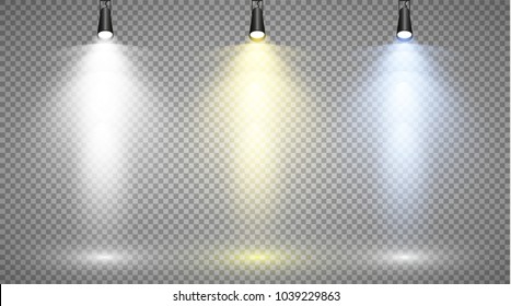 Vector light sources, concert lighting, stage spotlights set. Concert spotlight with beam, illuminated spotlights for web design illustration
