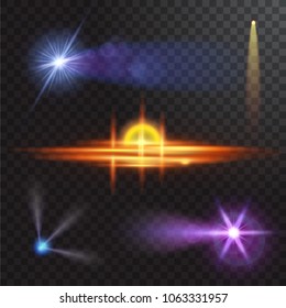 Vector light sources, concert lighting, stage spotlights set. Concert spotlight with beam, illuminated spotlights for web design illustration