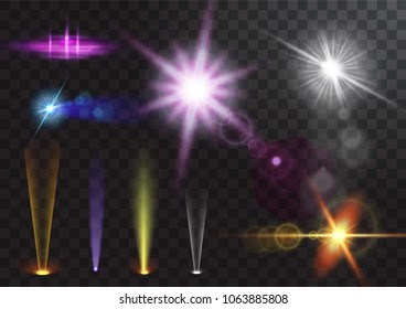 Vector light sources, concert lighting, stage spotlights set. Concert spotlight with beam, illuminated spotlights for web design illustration