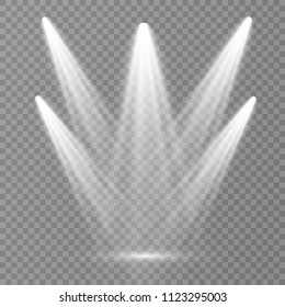 Vector light sources, concert lighting,  spotlights set. Concert spotlight with beam, illuminated spotlights for web design illustration.