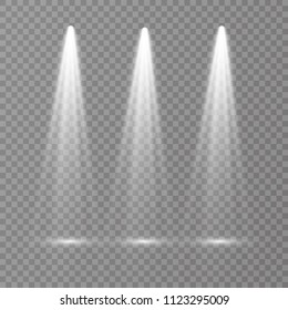 Vector light sources, concert lighting,  spotlights set. Concert spotlight with beam, illuminated spotlights for web design illustration.