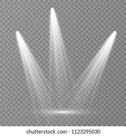 Vector light sources, concert lighting,  spotlights set. Concert spotlight with beam, illuminated spotlights for web design illustration.