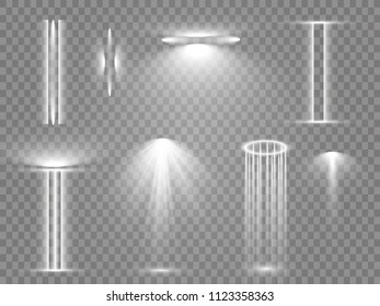 Vector light sources, concert lighting, stage spotlights set. Concert spotlight with beam, illuminated spotlights for web design illustration