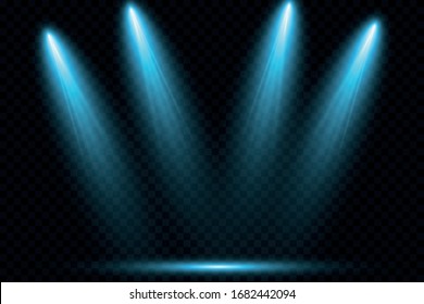 Fuentes luminosas vectoriales, iluminación de conciertos, equipo de proyectores. Lugar de conciertos con vigas, focos iluminados para el diseño web y la publicación
