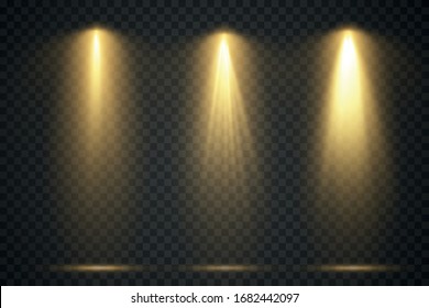 Vector light sources, concert lighting, stage projector set. Concert spotlight with beam, illuminated spotlights for web design and publishing