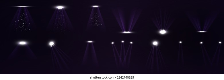 Vector light sources, concert lighting, stage spotlights set. Concert spotlight with beam, illuminated spotlights for web design illustration