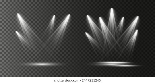 Vector light sources, concert lighting, stage spotlights set. Concert spotlight with beam, illuminated spotlights for web design illustration
	