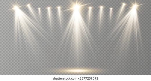 Vector light sources, concert lighting, stage projector set. Concert spotlight with beam, illuminated spotlights for web design and publishing